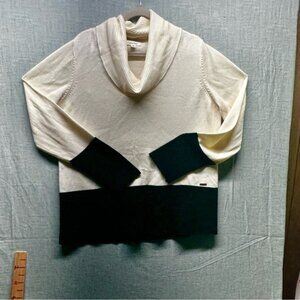 Calvin Klein XL Sweater Cowl Neck Colorblock Ivory Black Knit Pullover Top Women